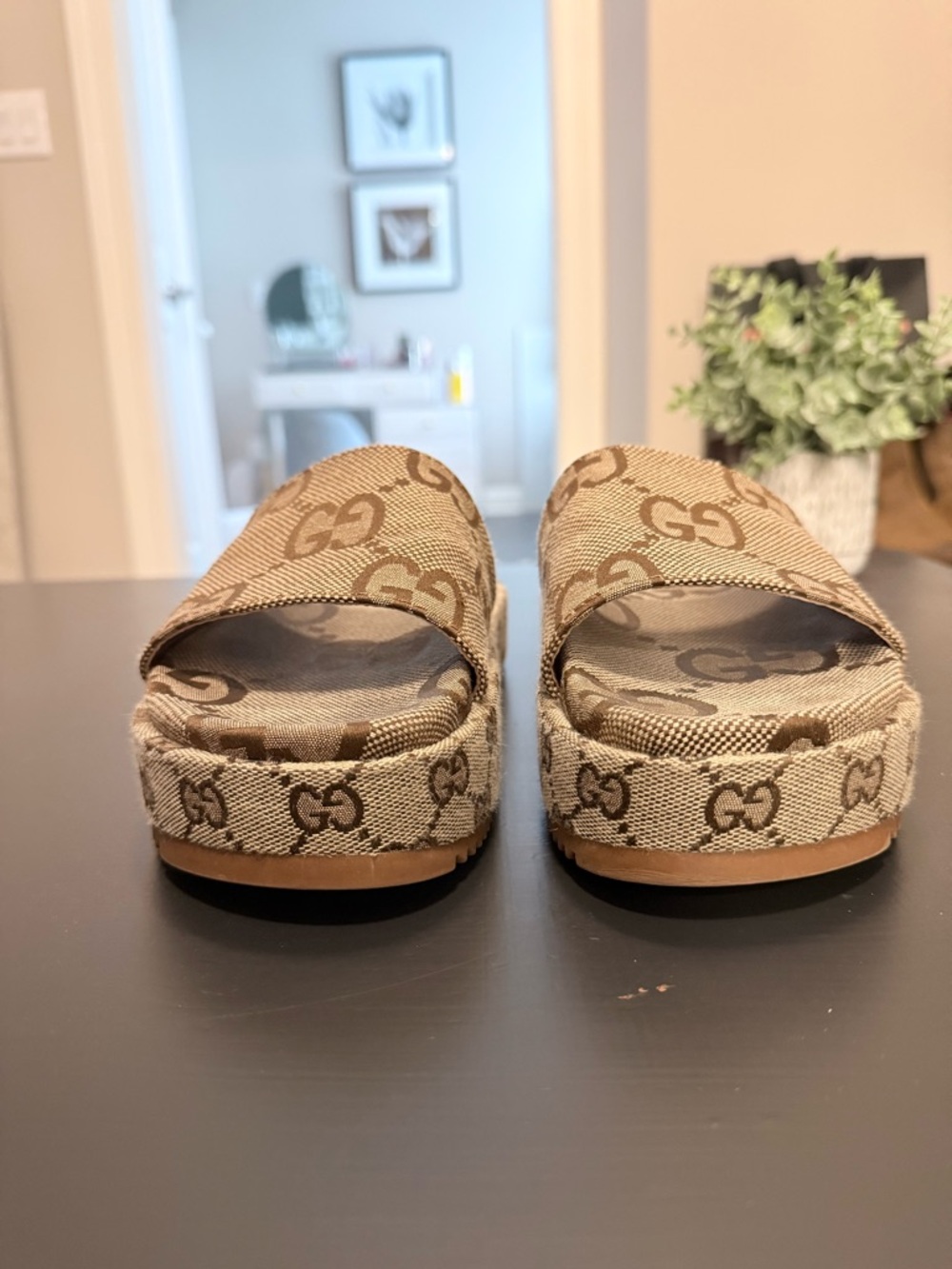 Beige GG Canvas Platform Slide Sandals